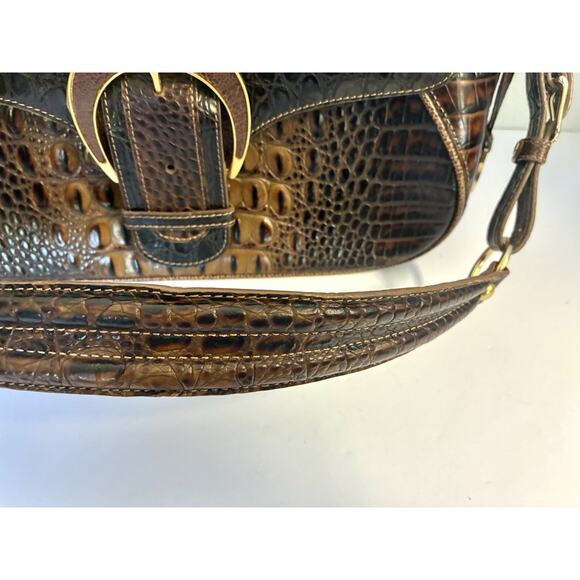 Brahmin Croc-Embossed Leather Large Buckle Flap Shoulder Bag Brown - Picture 7 of 16